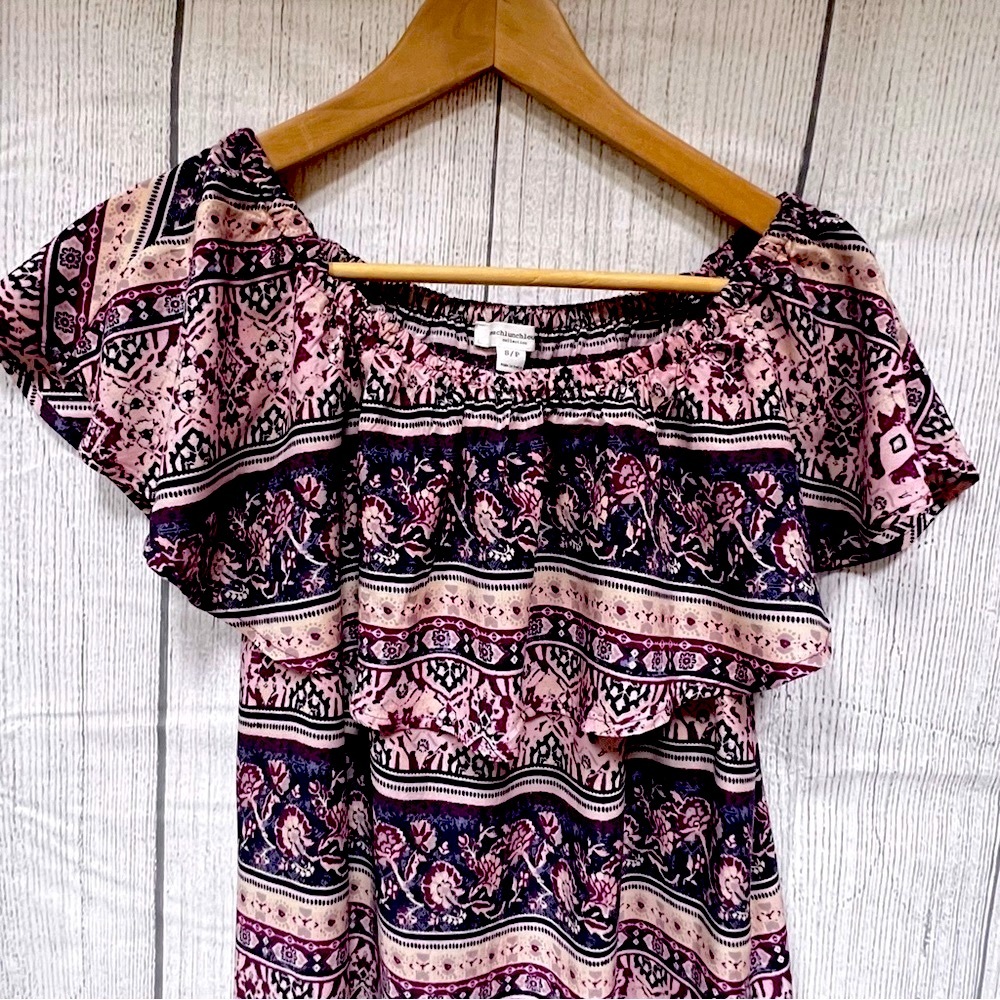 BEACHLUNCHLOUNGE off the shoulder midi dress vibrant loose flowy boho print